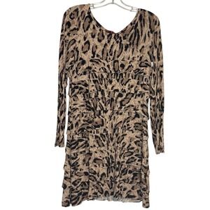 ISLE Apparel Leopard Animal Print Ruffled Long Sleeve Casual Dress Black Beige M